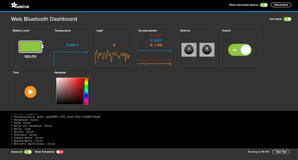Its web dashboard lets you read sensors and send commands to the onboard speaker and LEDs.